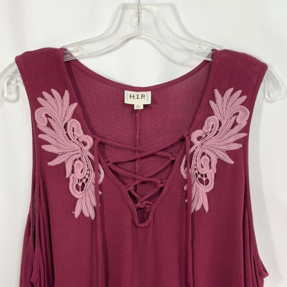 HIP Plus Size 2X Tank Top Burgundy Gauzy Lace Up‎ Embroidered Flowy Boho 1537 - Picture 3 of 6